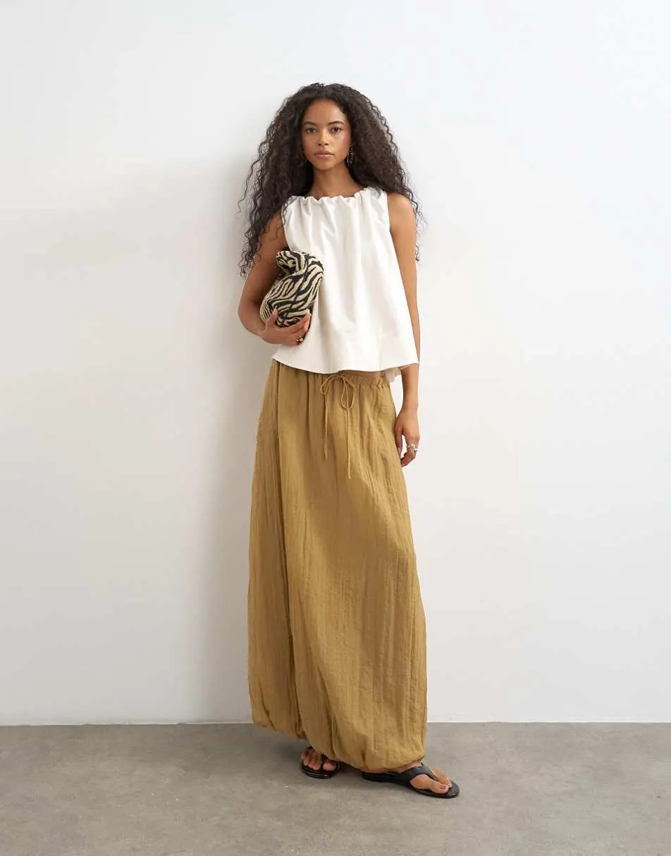 Topshop tie detail crinkle bubble hem maxi skirt in camel