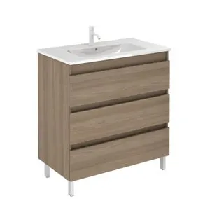 Conjunto MUEBLE de Baño con 3 Cajones + LAVABO 【ANCHO 60】 【NOGAL】