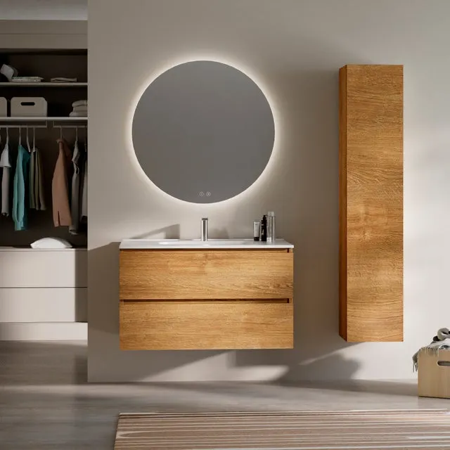 Feel Your Bath, Mueble de Baño PANTER Marrón 60 cm, 2 Cajones, Encimera Cerámica Integrada y Espejo Redondo LED