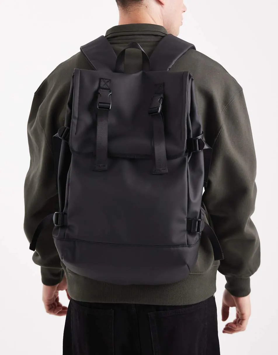 ASOS DESIGN rubberised rolltop backpack in black