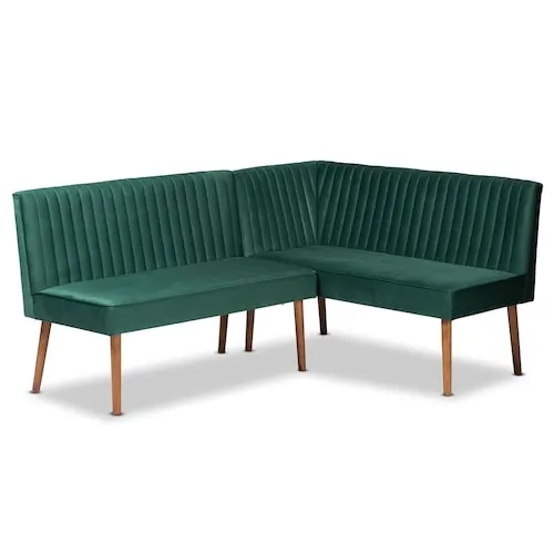 Baxton Studio Alvis 2-Piece Dining Nook Banquette Set in Emerald Green and Walnut Brown