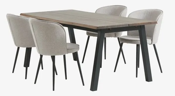 SKOVLUNDE + RISSKOV SKOVLUNDE L200 tafel donker eiken + 4 RISSKOV lichtgrijs