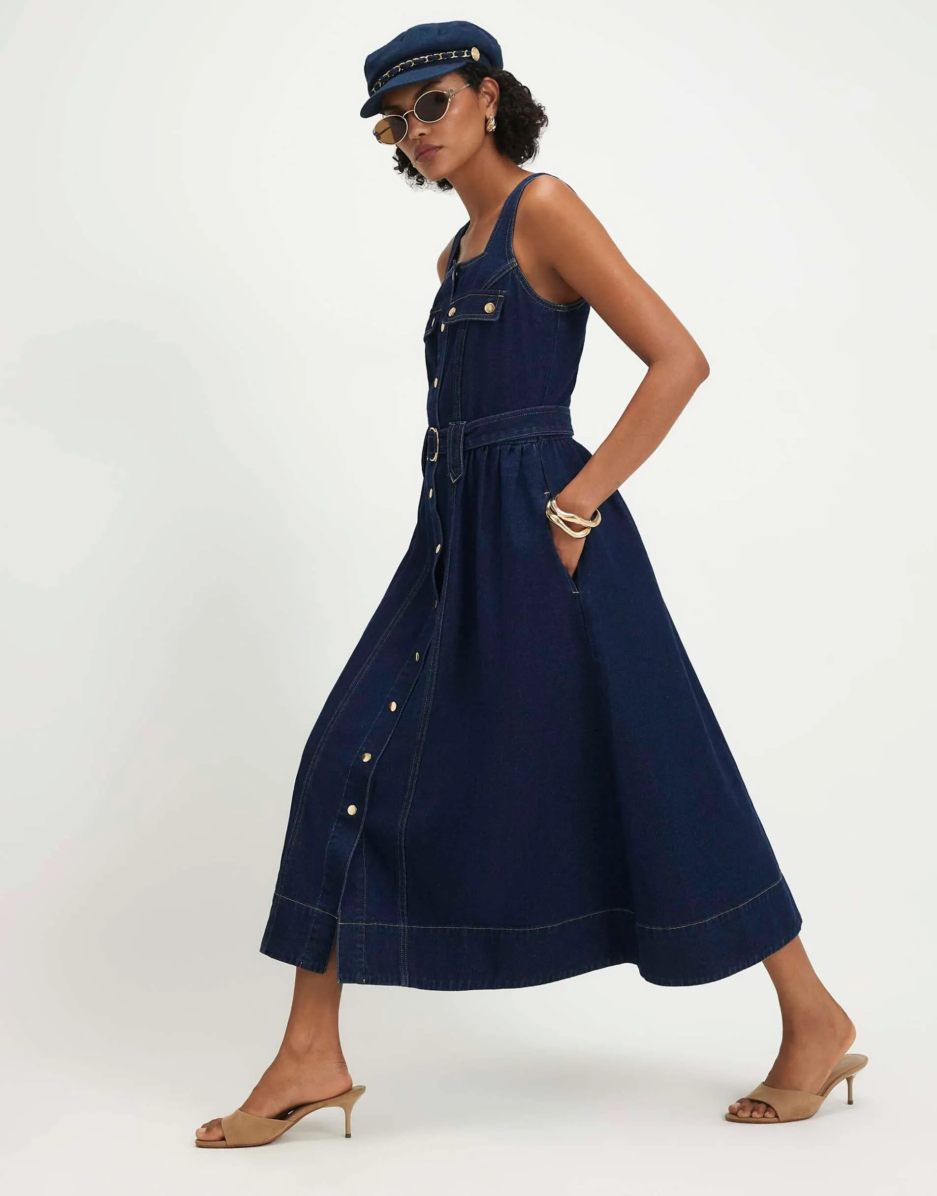 River Island Denim belted pocket longline midi dress in denim - dark