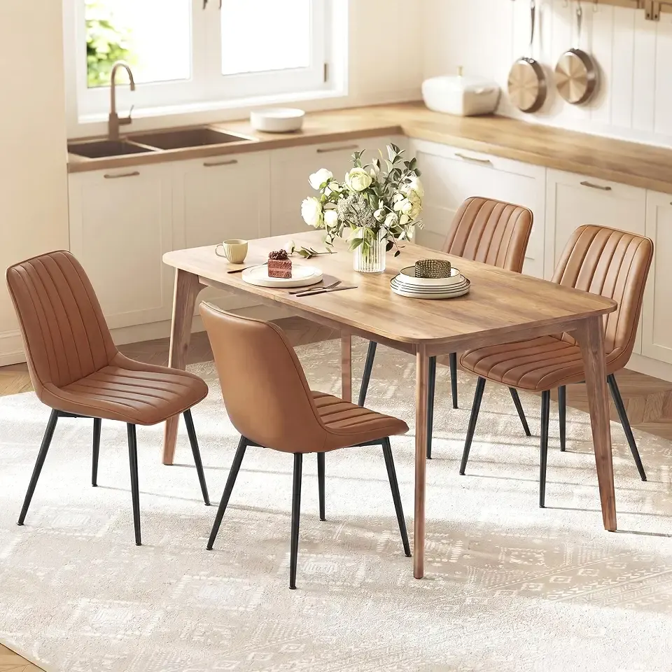 VASAGLE Dining Chairs Set of 4, Upholstered Kitchen Chairs, PU Leather | Steel Legs, Curved Backrest, for Dining Room, Caramel Brown and Ink Black ULDC090KN03-2J
