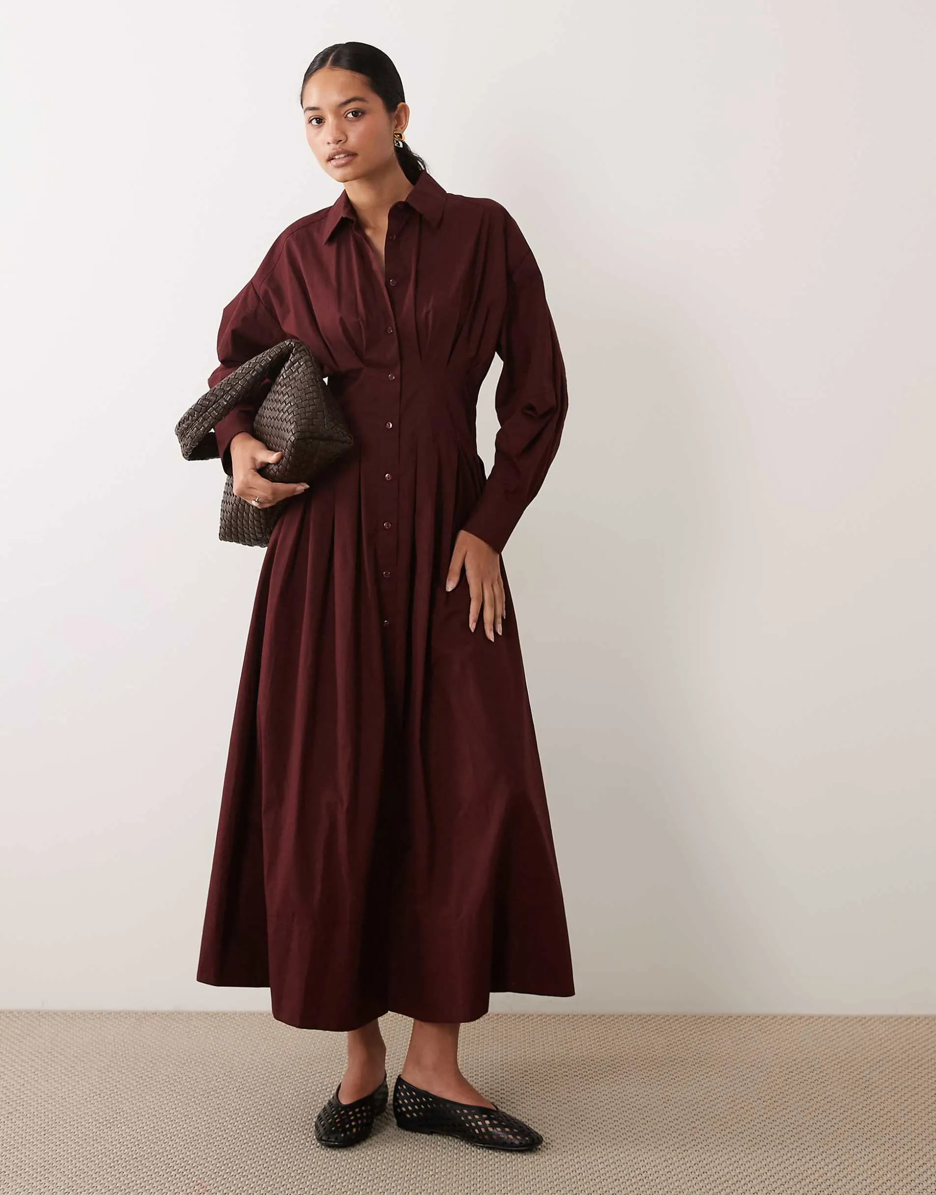 ASOS DESIGN poplin shirt maxi dress with nipped waist in burgundy