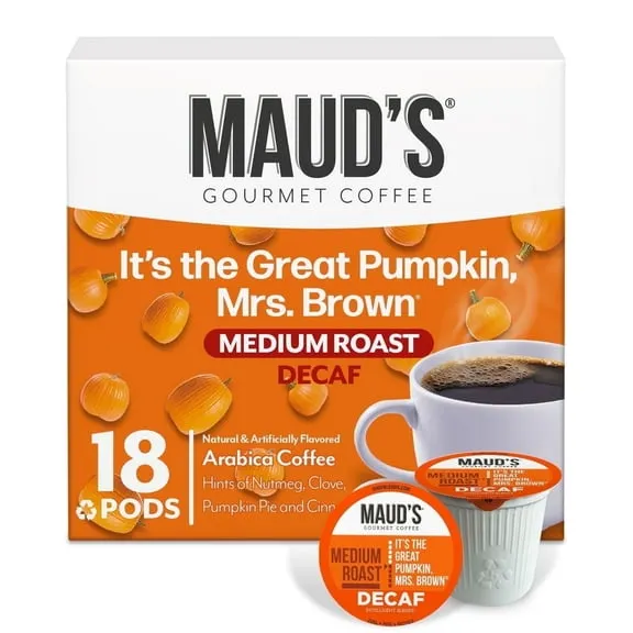 Maud's Decaf Pumpkin Spice Flavored Coffee Pods, 18 ct, Medium Roast Flavored Coffee in Recyclable Single Serve Pods – 100% Arabica Beans, Compatible with Keurig K Cups Maker