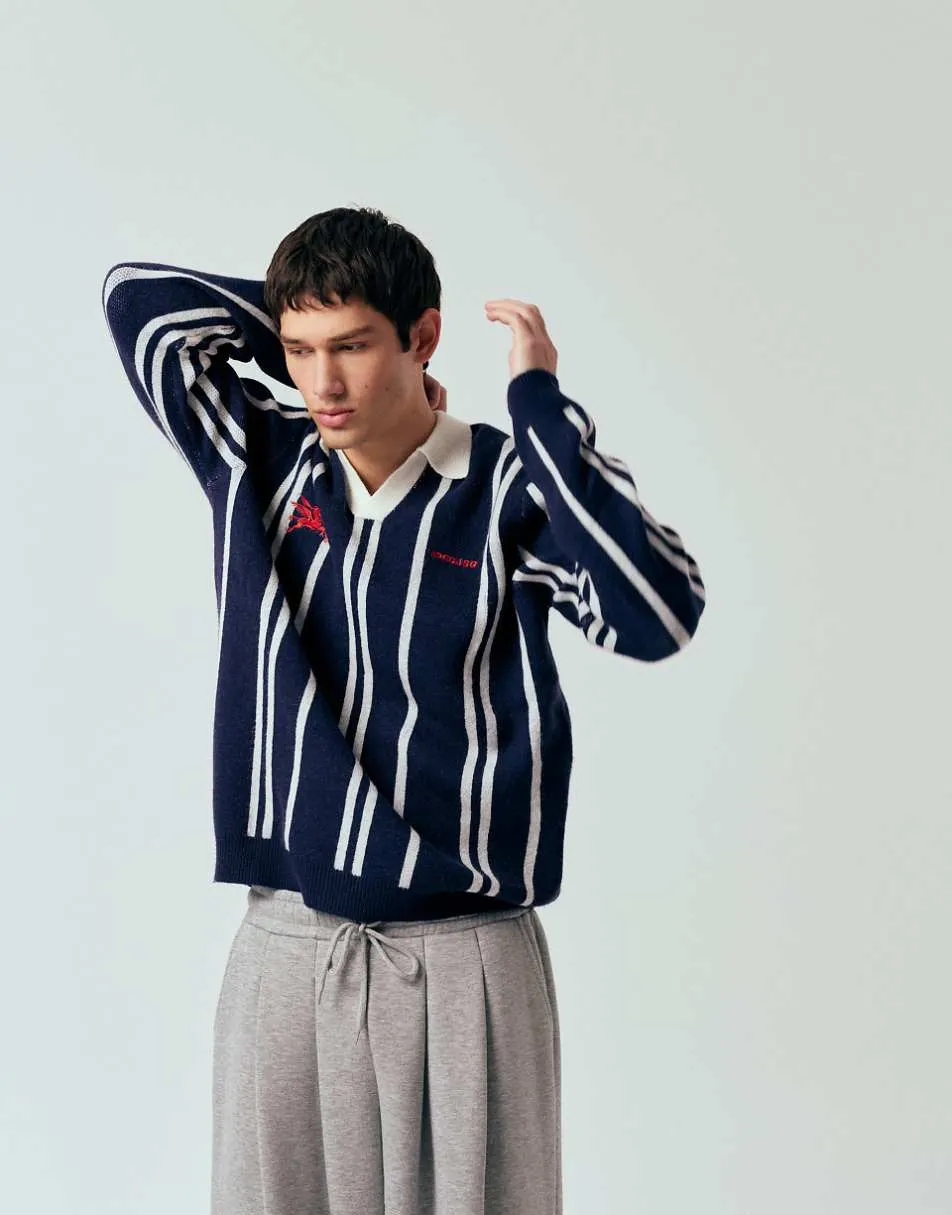 ASOS DESIGN relaxed knitted stripe notch neck polo with chest embroidery in navy