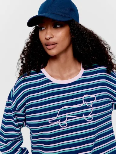 Navy Stripe Logo Waffle Long Sleeve Top
