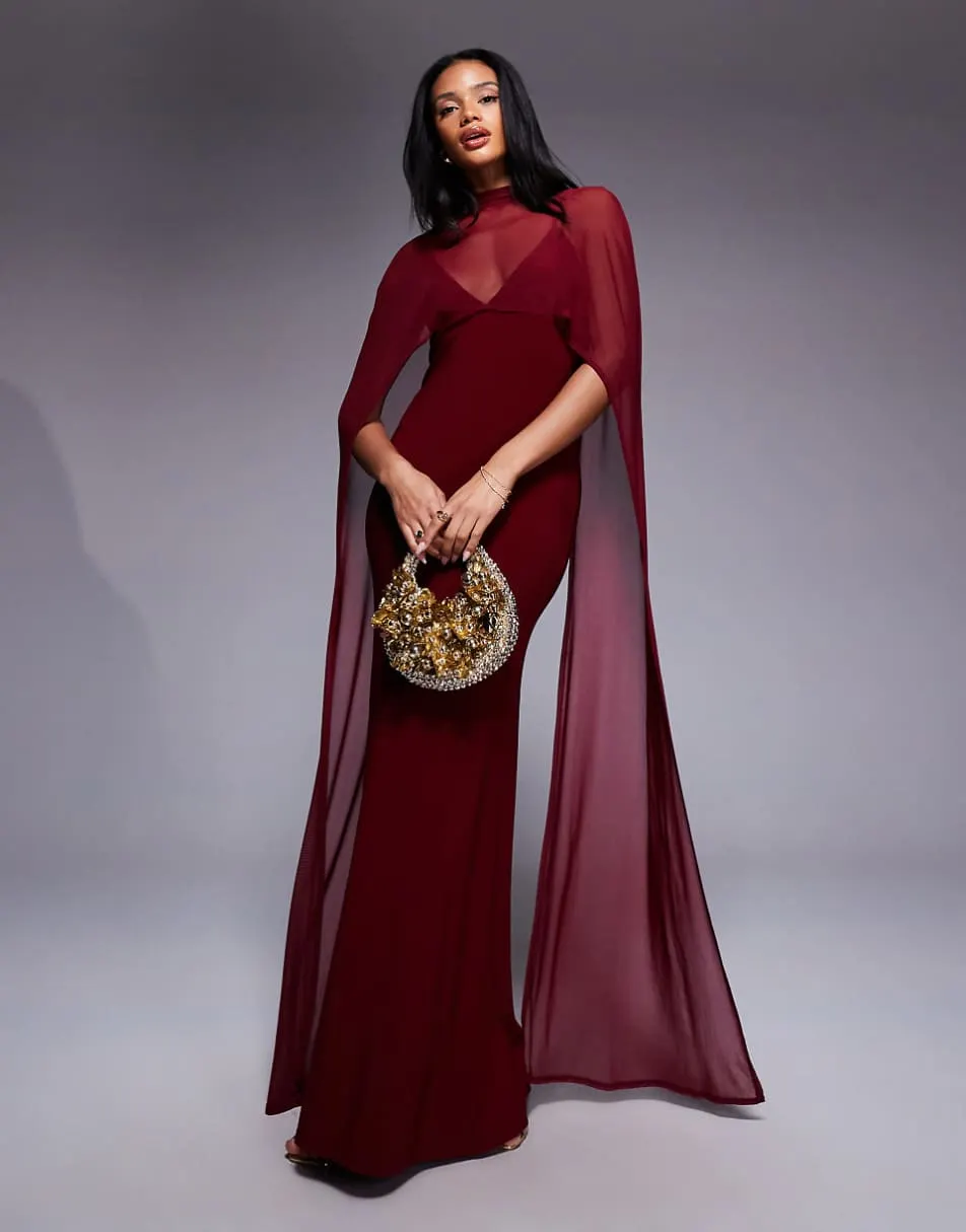 ASOS DESIGN exaggerated cape maxi dress in burgundy