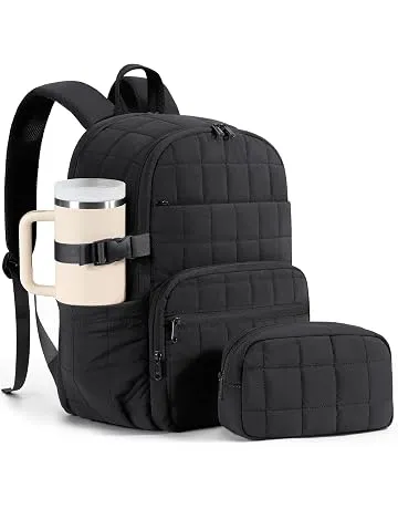 Bagstellar Travel Backpack for Women, 15.6" Puffer College Laptop Backpack | 27L Quilted Work Back Pack w/ Double Zipper, 18 Pockets, Giant Tumbler Holder, Water Resistant Teacher Nurse Computer Bookbag