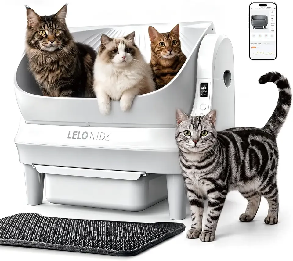 Self Cleaning Litter Box, Open Top 105L Automatic Litter Box for Multiple Cats, App Control, Safety Sensor, Anti-Pinch, Includes Mat & Liner - White
