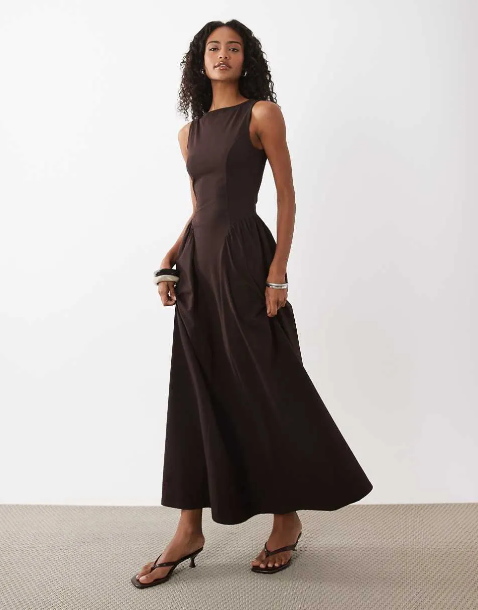 ASOS DESIGN boat neck waist detail midi dress in chocolate