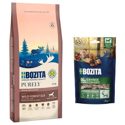 Bozita Purely Grain Free 7,5 kg / 11 kg + friandises Meaty Bites élan, canard 2 x 70 g offertes ! Puppy & Junior élan (11 kg)