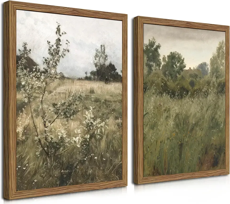 Vintage Landscape Wall Art Set of 2, Green Natural Wilderness Farmhouse Canvas Wall Decor Paintings, Retro Country Wildflower Oil Pictures Posters Prints for Living Room Bedroom 12x16 Inch Wood Framed