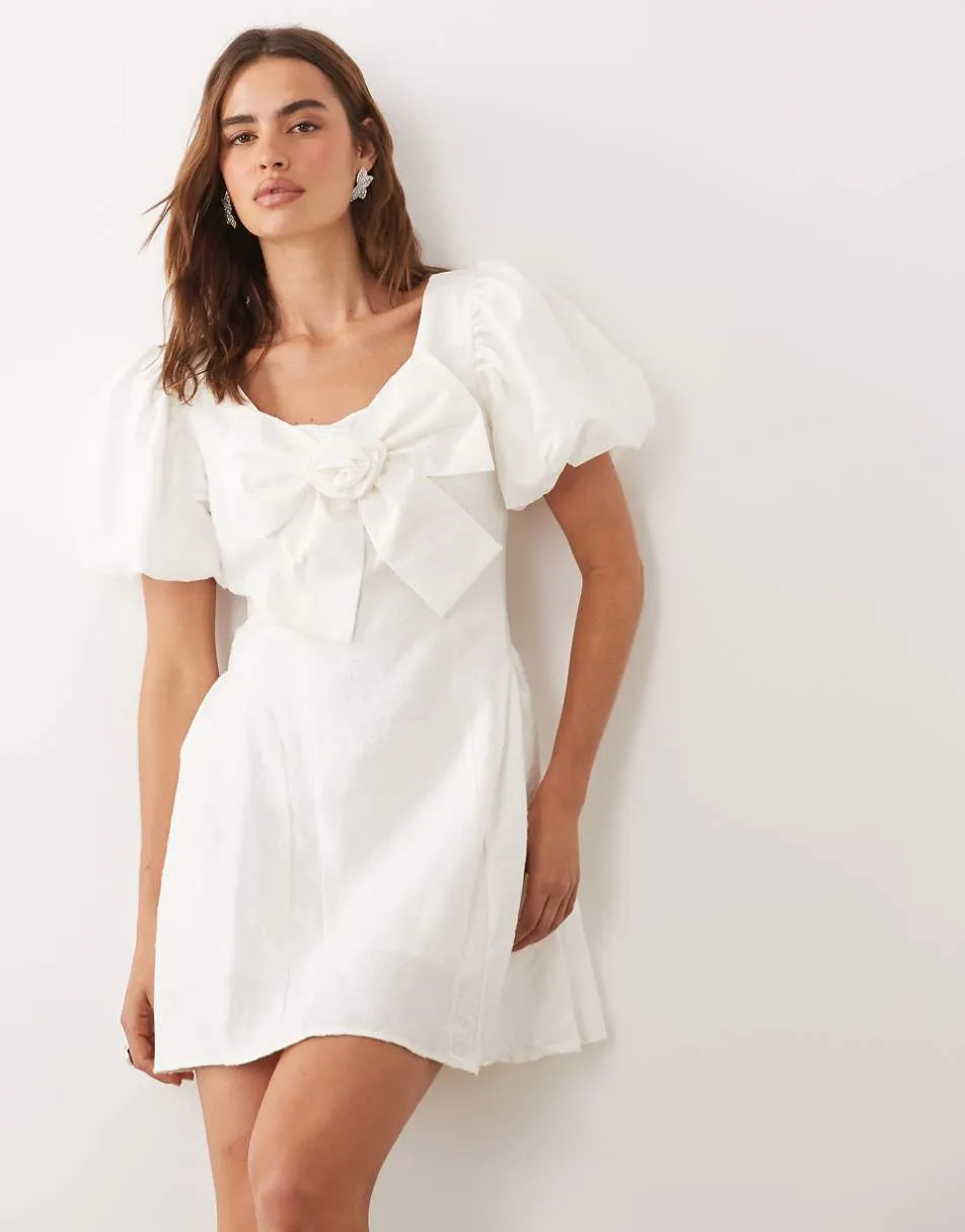 Sister Jane Klara jacquard scoop neck puff sleeve bow detail mini dress in ivory