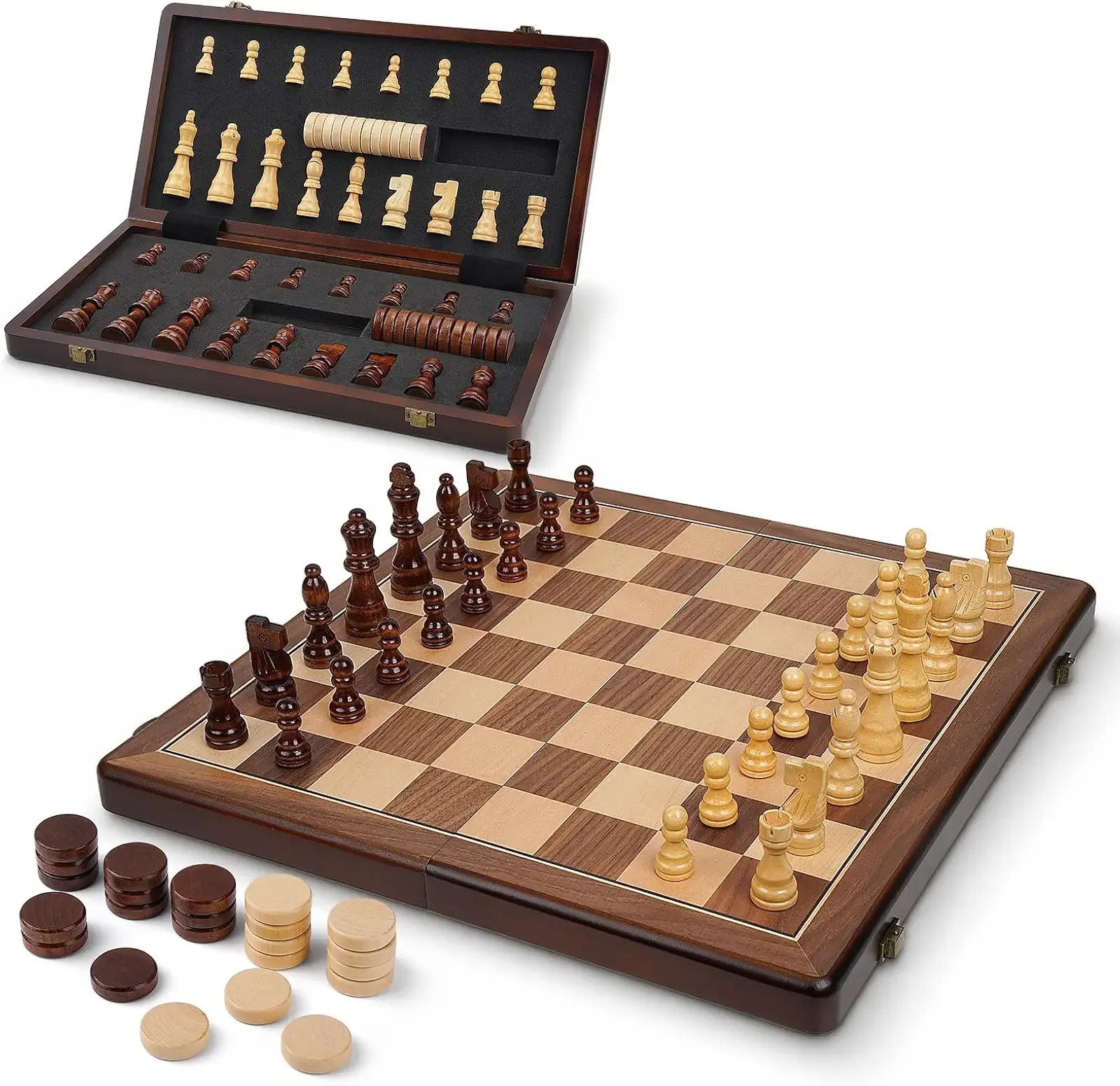 2-in-1 Magnetic Checkers & Chess Set for Adults & Kids, 15” Foldable Wooden Chess Board with Full Magnetic Pieces, Organized Storage Slots, Portable Travel Chess Game with 2 Extra Queens