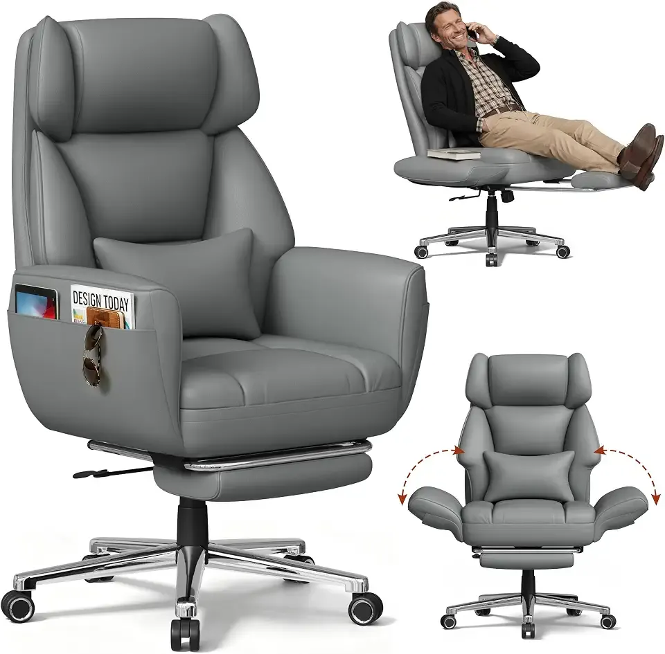 GABRYLLY Ergonomic Criss Cross Office Chair with Footrest, Wide Executive Desk Chair with Foldable Armrest for Big and Tall, High Back Computer Chair-120° Tilt Vanity Chair for Meditation,Home,Grey