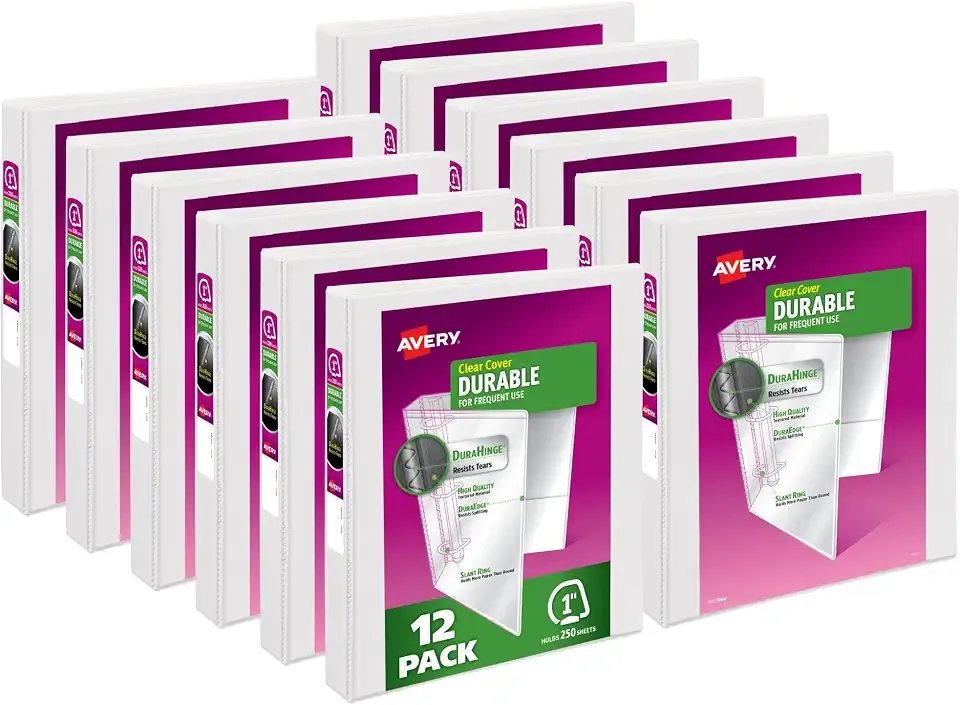Avery Durable View 3 Ring Binders for Home, School Supplies, Office, or Organization Needs, 1" Slant Ring, 12 Pack White Binders (17012)