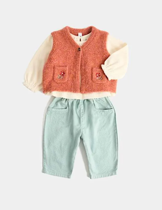 3-teiliges Outfit aus Weste, Oberteil und Jeans (0–5 Jahre)