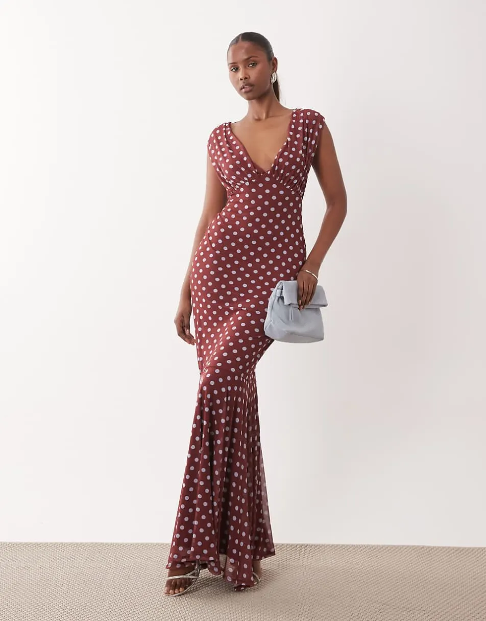 ASOS DESIGN mesh off shoulder maxi dress with fishtail skirt in pink polka dot print