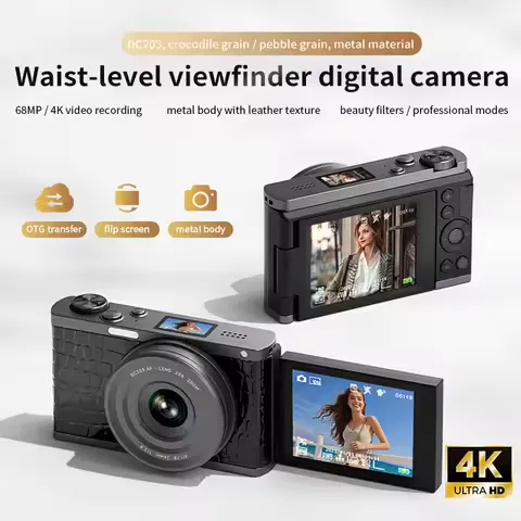 68MP HD Digital Camera for Photography 4K 28X Zoom 180° Flip Screen Vintage Vlog Video Recorder Outdoors Waist-Level Viewfinder