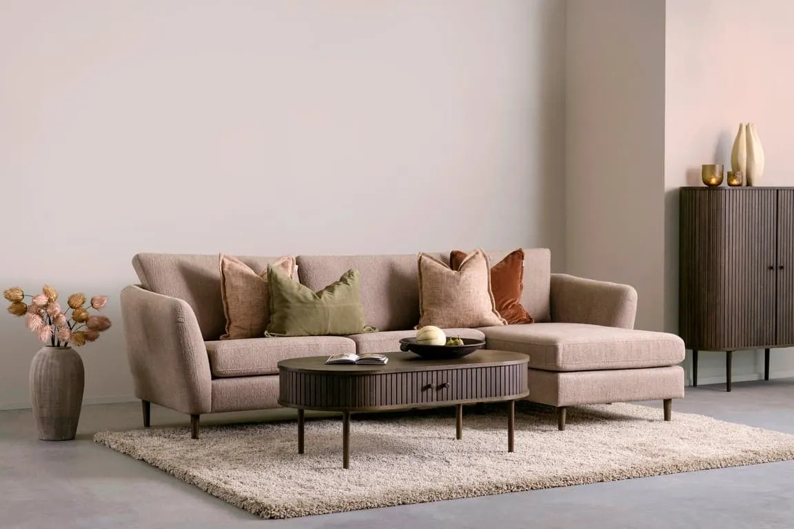 Sone høy sofa m/sjeselong Modulsofa. 2,5 seter + sjeselong, armlene W2 i stoff 317/13 Gear light brown