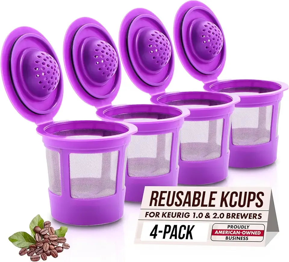 Reusable K Cups for Keurig Coffee Maker - Filter Pods for Keurig 1.0 and 2.0 Brewers - Refillable K Cup Fits K-Elite, K-Classic - BPA Free Universal Reusable Single Serve - 4 Pack