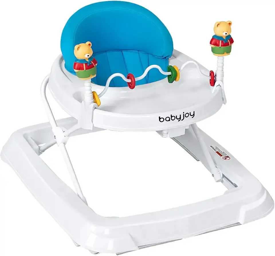 BABY JOY Baby Walker, Foldable Activity Walker with Adjustable Height, Large Tray & Removable Toys, Baby Walker with Wheels for Boys Girls 6-18 Months (Blue)