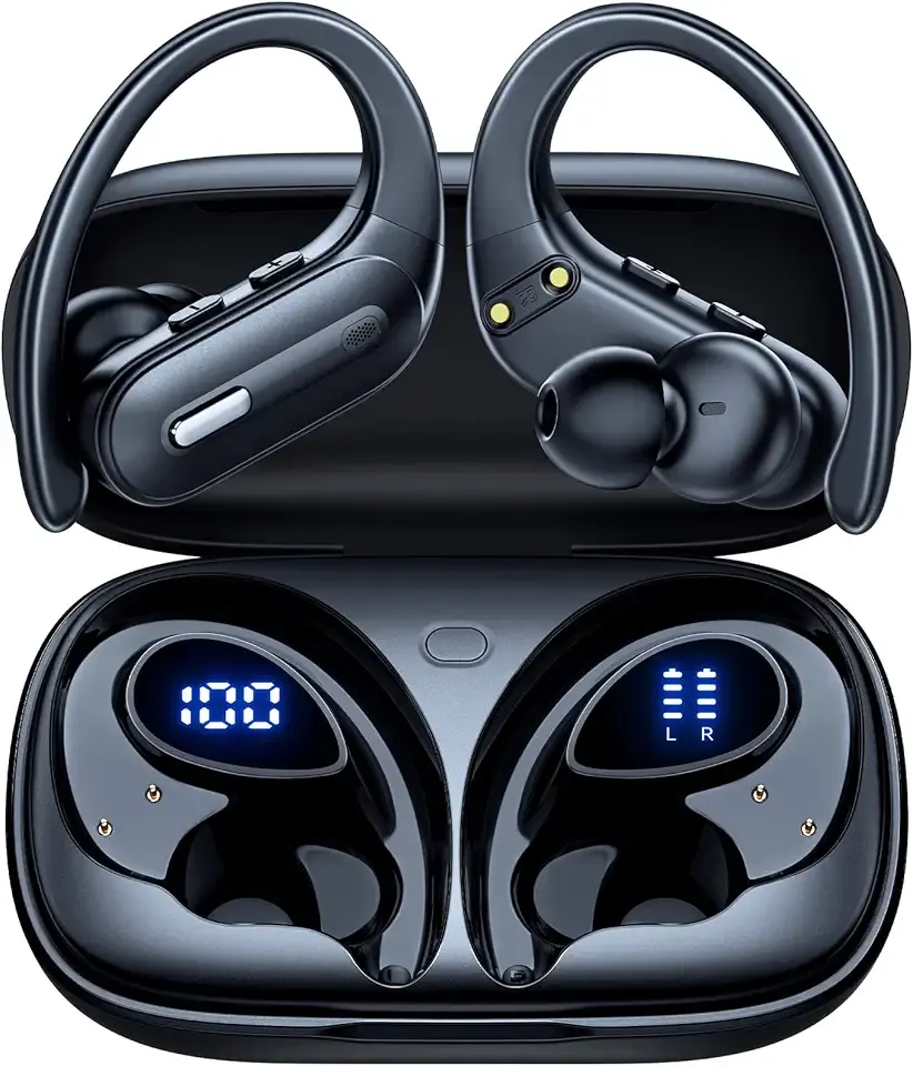 Active Noise Cancelling Wireless Earbuds Bluetooth Headphones 90 Hrs Playtime Ear Buds with Hi-Res Stereo Deep Bass Power Display Earphones with Earhooks Waterproof Transparency Headset Sports/Running