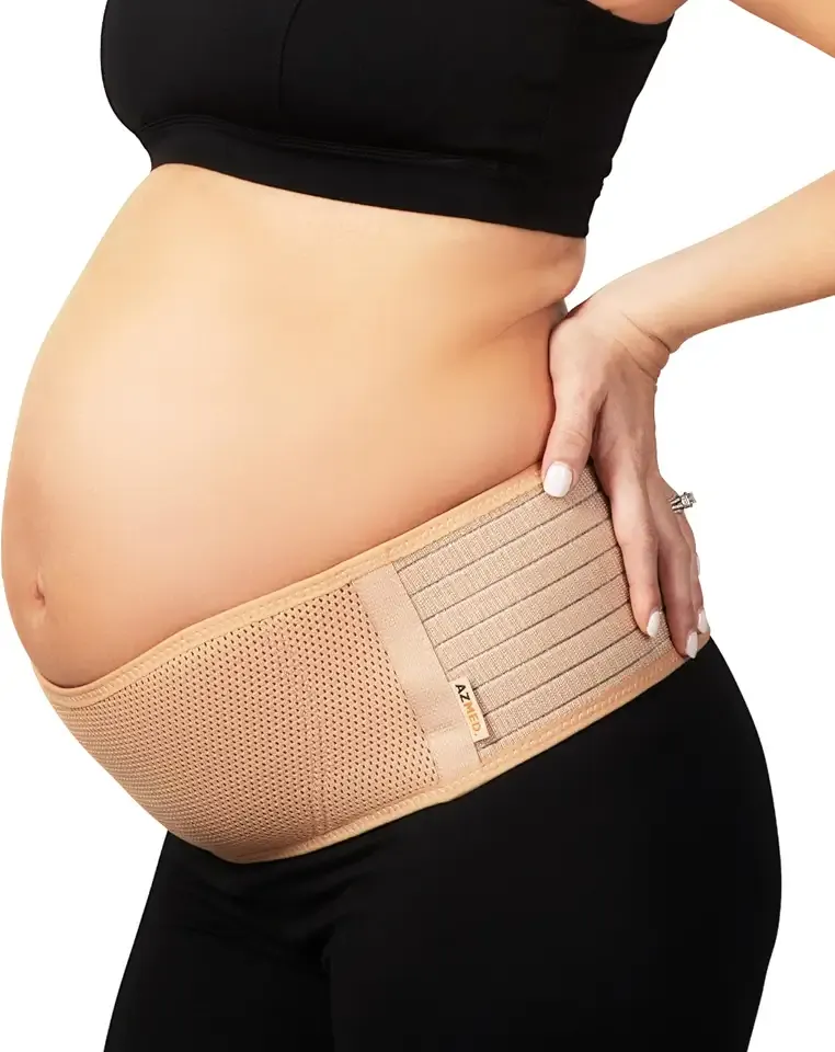AZMED Maternity Belt Back Support - Adjustable Abdominal Binder for Pregnancy - Belly Band for Pelvic, Waist & Lower Back Comfort - Fits Up to 46 Inches - Beige