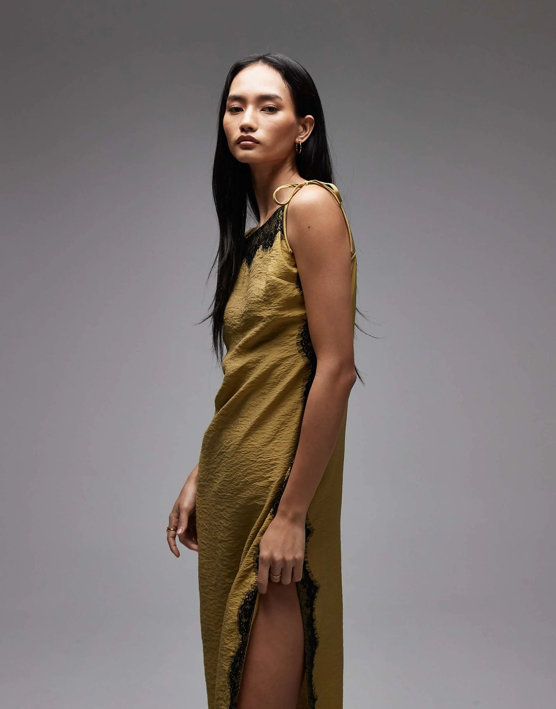 ASOS DESIGN cami square neck crinkle satin lace detail maxi dress in olive