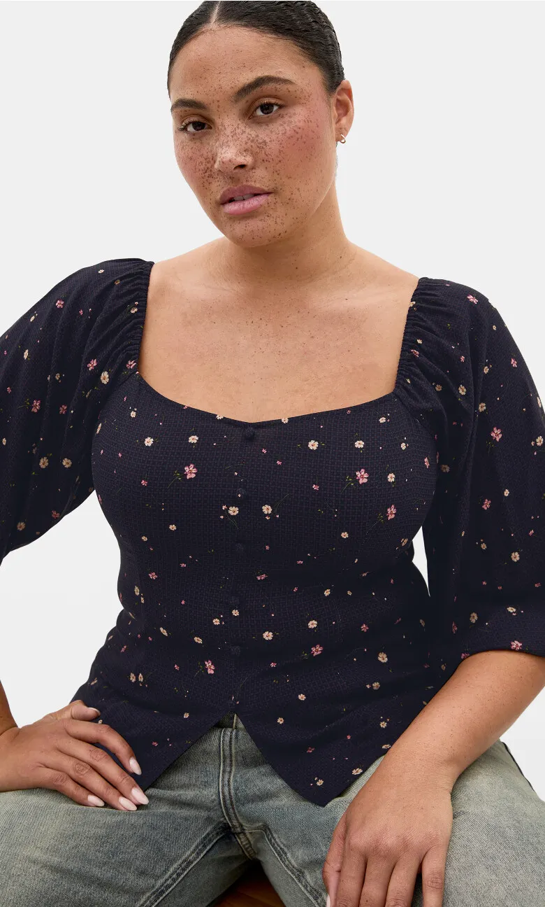 Daydreamer Elbow Sleeve Ditsy Print Top - navy