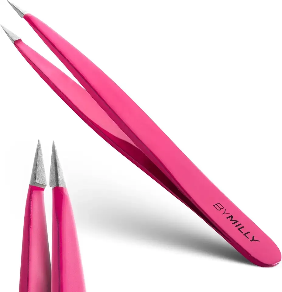 Pointed Tweezers | High Carbon Stainless Steel Needle Nose | Fine Point Precision Hair Removal | Perfectly Aligned & Hand-Filed Sharp | Pink
