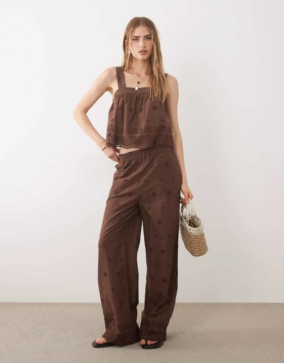 New Look co-ord broderie wide leg trousers in brown