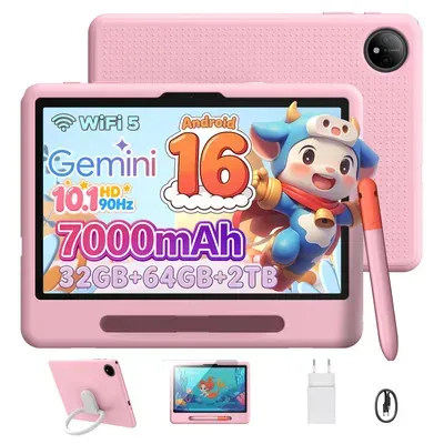 POCKAM P10 Kids 10.1" Tablet, Gemini AI, Android 16, 32(6+26)GB RAM+64GB ROM/TF 2TB, 7000mAh, WiFi Tablet für Kind mit Kindgerechte Hülle und Stift