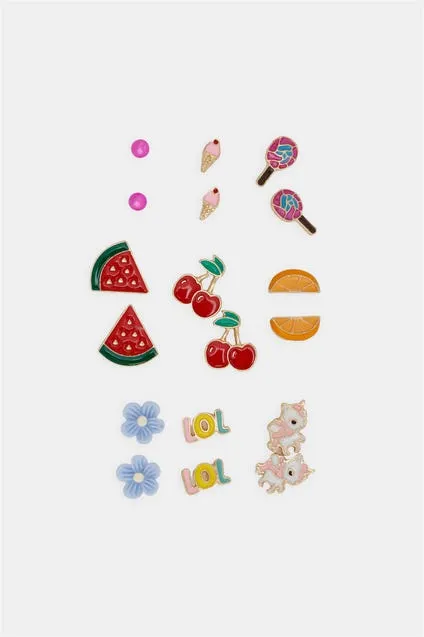 Kids set 9 paar oorbellen fruit en ijsjes