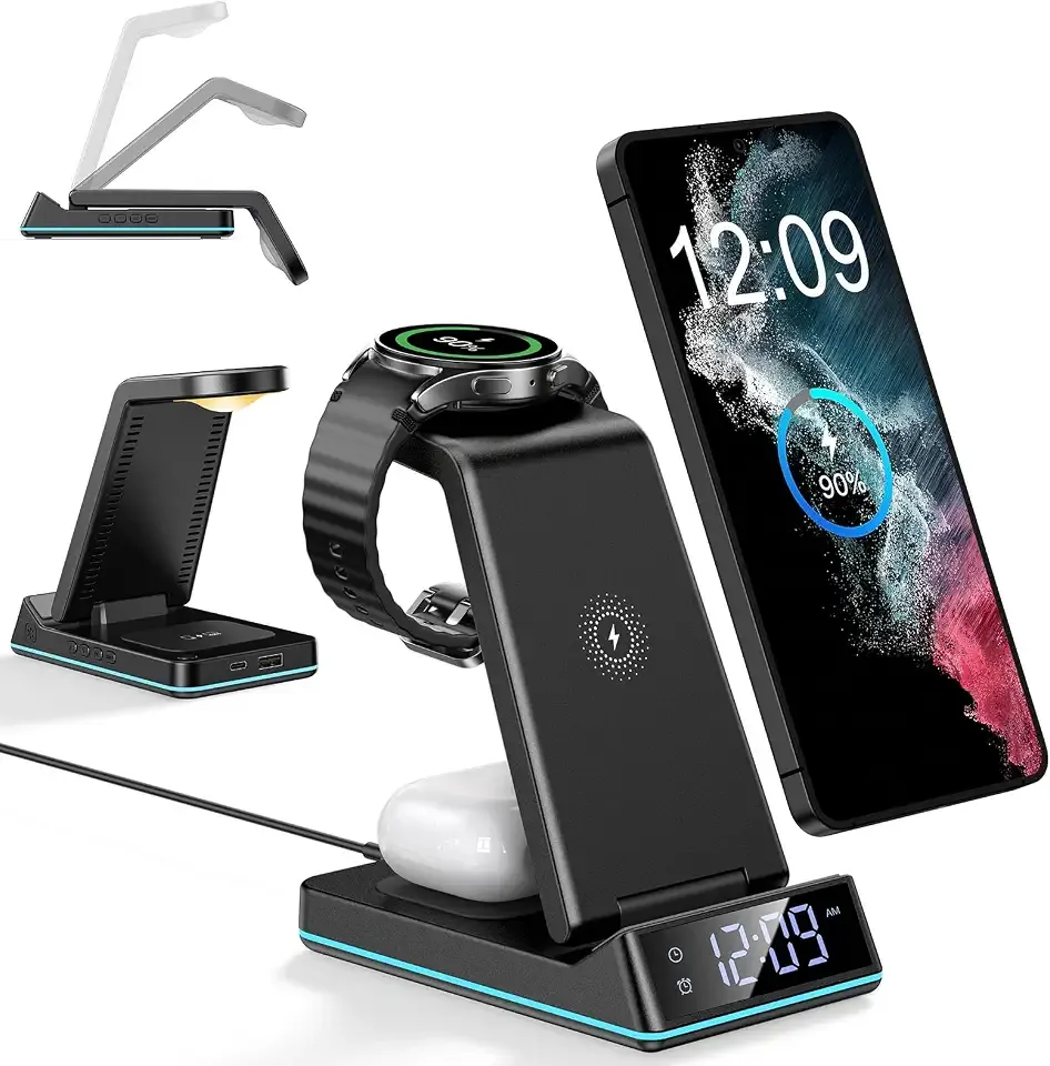 Wireless Charger for Samsung,7 in 1 Wireless Charging Station Foldable Fast Charger Stand with Night Light/Alarm Clock for Samsung Galaxy S26/S25/S24/S23/Galaxy Watch Galaxy Buds Gifts for Fathers Day