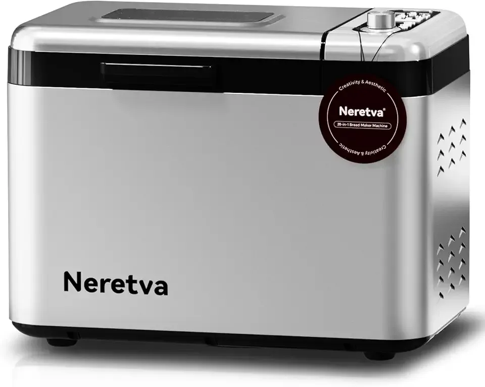 Neretva Bread Maker, 3.3LB Larger Bread Machine 15-in-1 Stainless Steel & Nonstick Ceramic Pan & Auto Nut Dispenser Breadmaker Machines Full Touch Panel with Gluten Free White Wheat Rye French Pizza