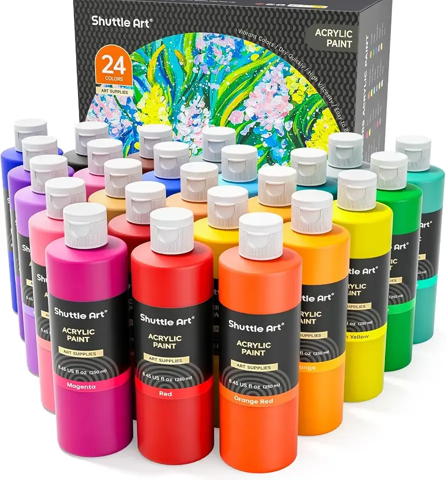 Shuttle Art Acrylic Paint, 24 Colors Acrylic Paint Bottle Set, 250ml/8.45oz Each, Rich Pigments, High Viscosity, Bulk for Artists, Beginners and Kids Painting on Rocks Crafts Canvas Wood