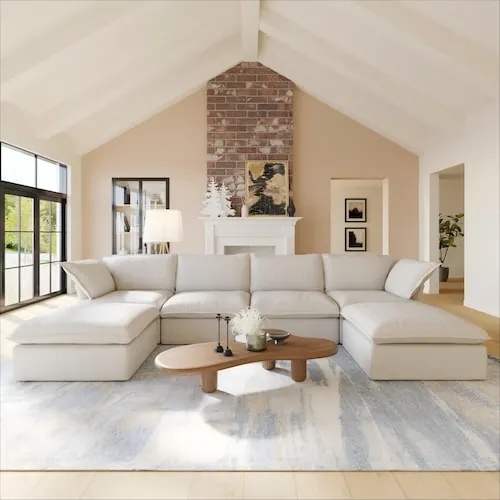 Magic Home Reversible 163 in. Down Filled Linen 6-Piece Modular Sectional Sofa with Storage Ottomans, Washable Covers in. Beige