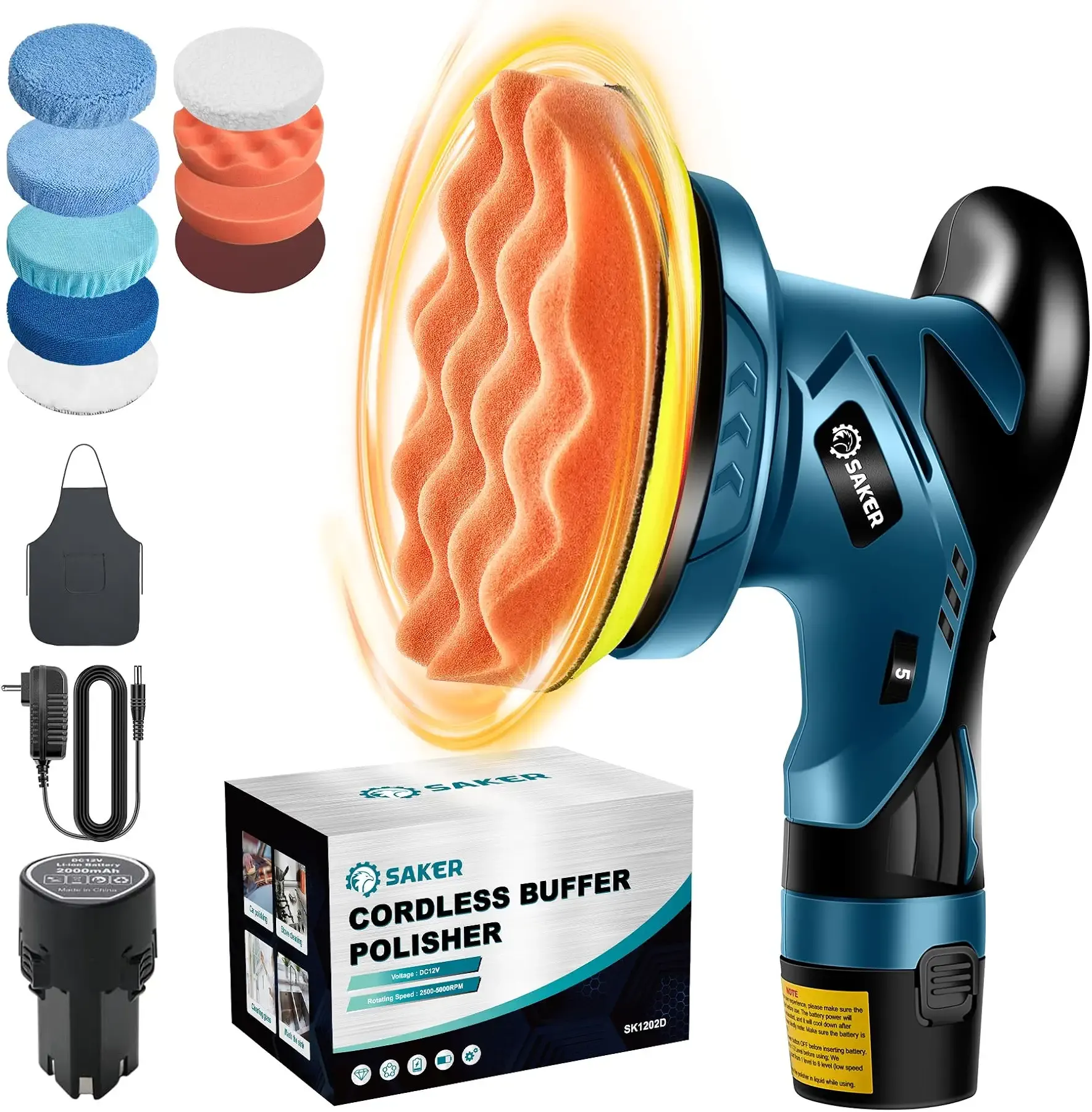 Saker Mini Cordless Buffer Polisher - 6 Inch Portable Polishing Machine Kit for Car Detailing, with 1PC 12V 2000mAh Rechargeable Battery, extra 10 PCS Attachments