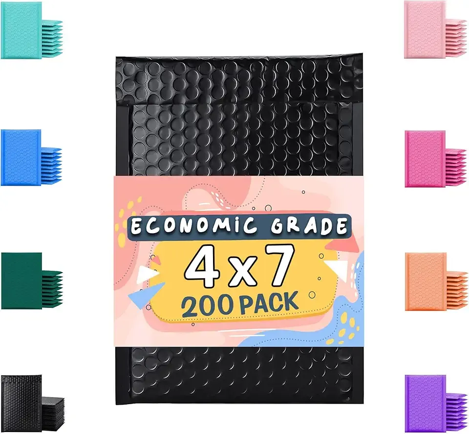 Poly Bubble Mailers 4x8 200 Pack Black Waterproof Self Seal Adhesive Shipping Bags, Cushioning Padded Envelopes for Shipping, Mailing, Packaging Usable 4x7