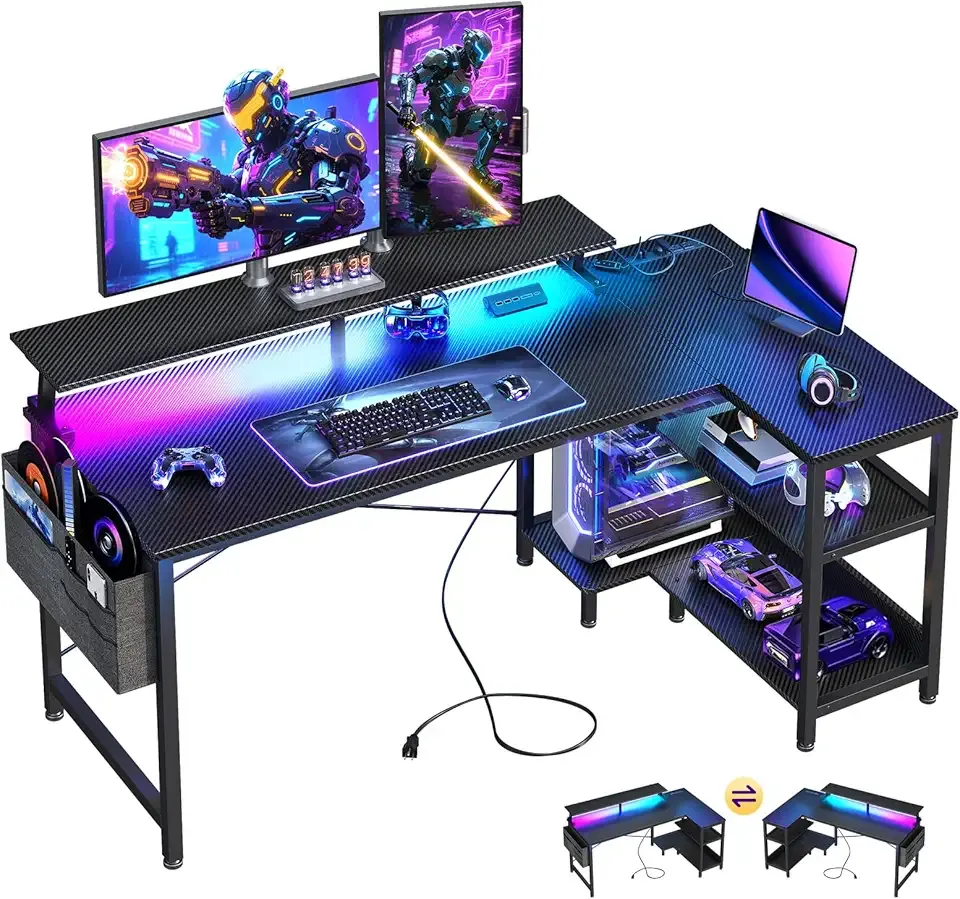 ODK 48 Inch Gaming Desk with USB Charging Ports and LED Lights, Reversible L Shaped Computer Desk with Storage Shelves & Monitor Stand, Corner Gamer Desk Table with Power Outlets, Black