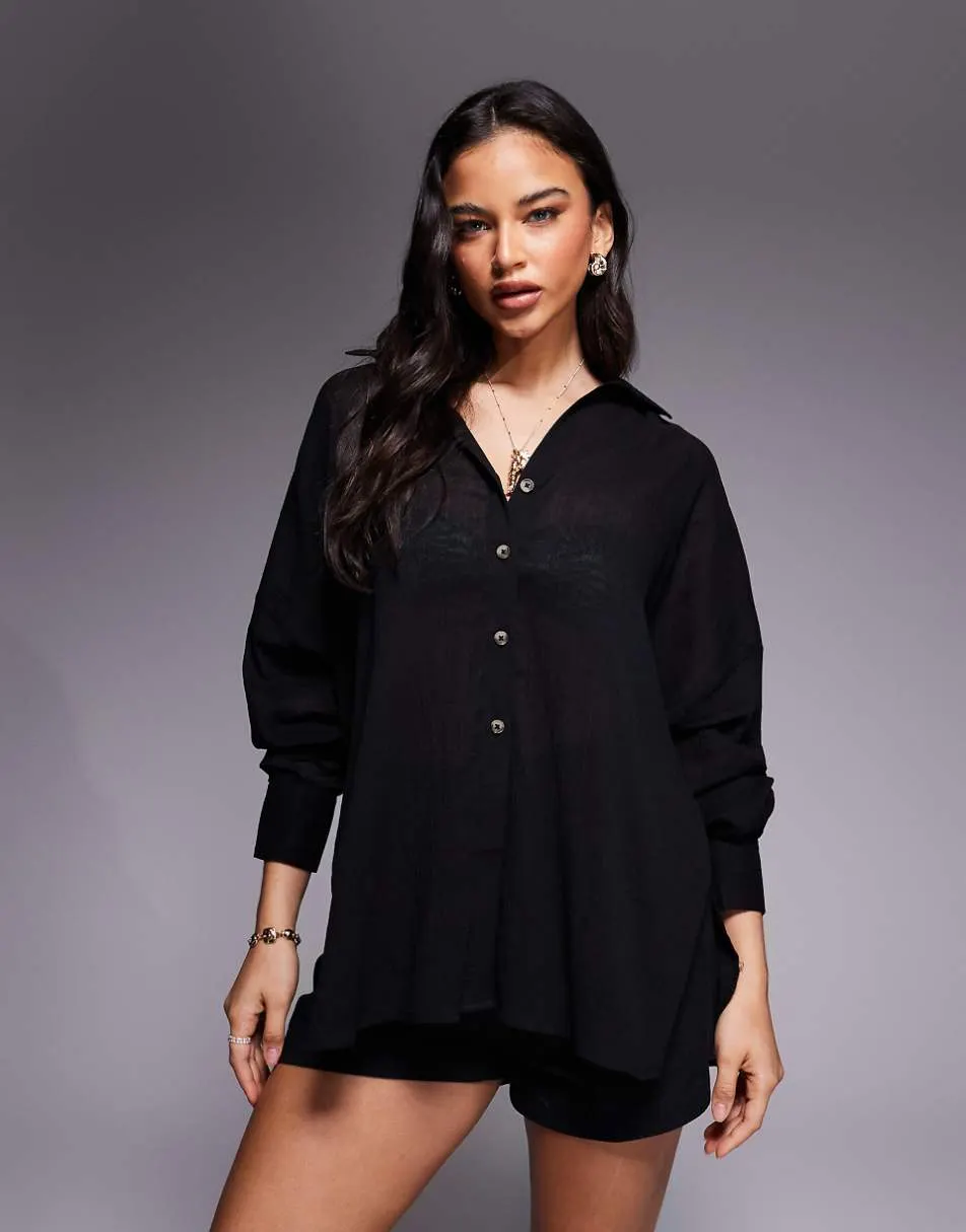 ASOS DESIGN Cabot beach sheer cotton crinkle cover up in black