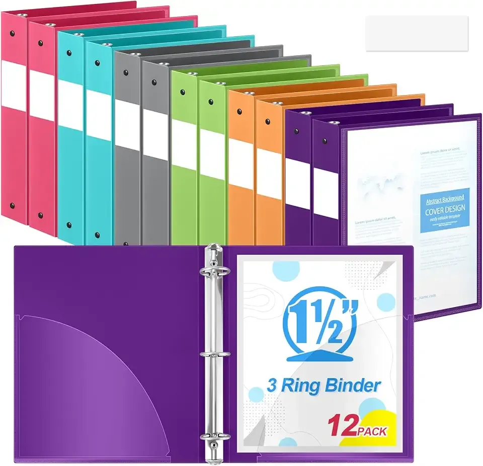 Henoyso 12 Pack 1.5 Inch 3 Ring Binders with Clear Front Cover and 2 Pockets, 8.5'' x 11'' Plastic Flexible Binders Organizer for School Office Home, Hold 350 Sheets(1.5 Inch,Fresh Color)