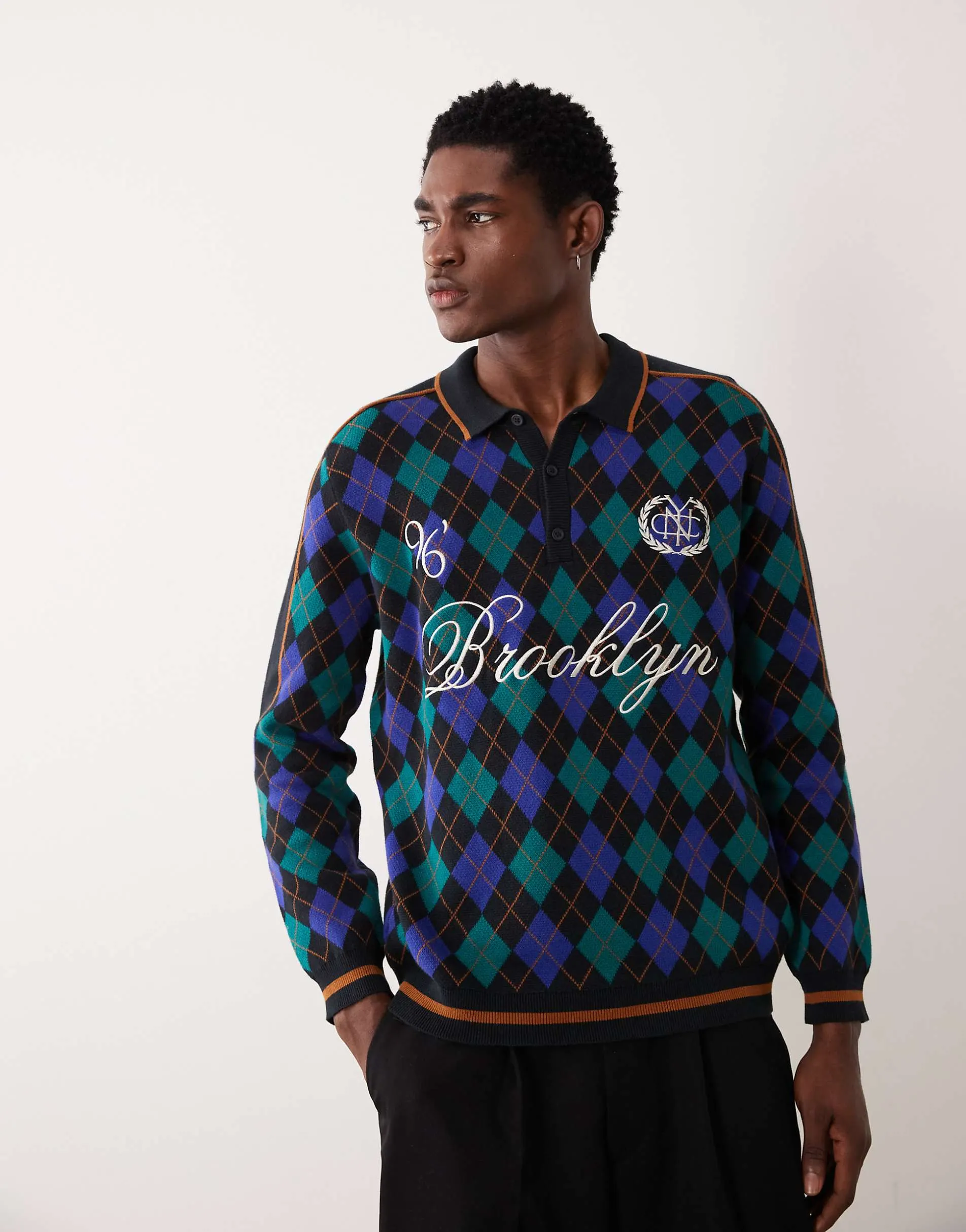 ASOS DESIGN relaxed knitted argyle print polo with Brooklyn embroidery in blue and black (part of a set)