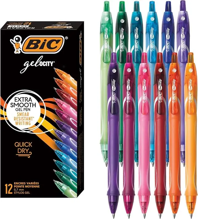 BIC Gelocity Quick Dry Assorted Colors Gel Pens, 12-Count Pack, 0.7 mm | Medium Point for Smooth Ink Flow, Full Grip for Comfort, School Supplies for Color-Coding Notes, Quick-Dry Ink