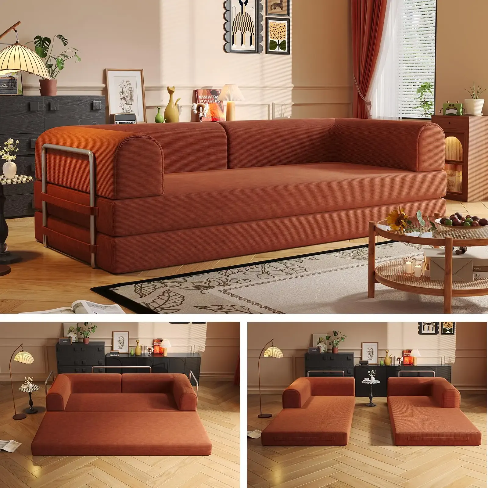 Convertible Sofa Bed Boneless Couch 79" Oversized Cloud Couch Corduroy Floor Sofa with Pull Out Bed Modular Sectional for Bedroom Basement Room Game Movie Room (Orange, 79inch)