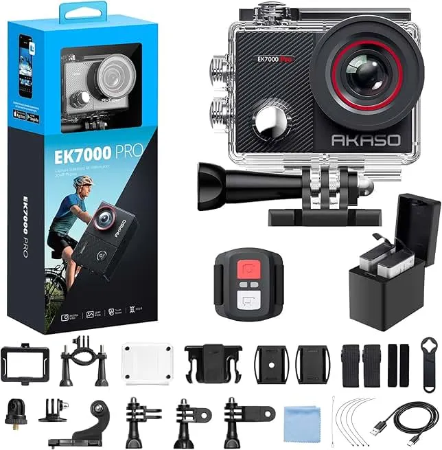 AKASO EK7000 Pro 4K30fps Action Camera with Touch Screen EIS 131ft Waterproof Underwater Camera Remote Control 5X Zoom with Helmet Accessories Kit (Standalone)