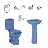 Combo Manantial: Sanitario Manantial Redondo Azul De 2 Piezas + Lavamanos Manantial Con Pedestal + Grifería Nogal + Kit De Accesorios Cromados Valencia 4 Piezas Corona
